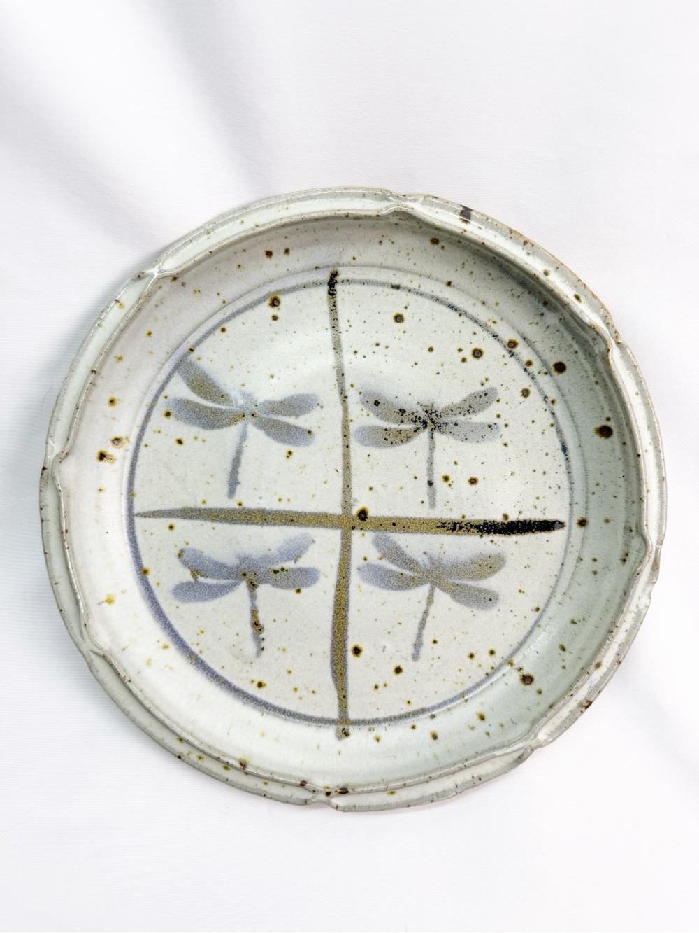 Vintage 80s Dragonfly Stoneware Art Pottery Pie Plate Artist Signed